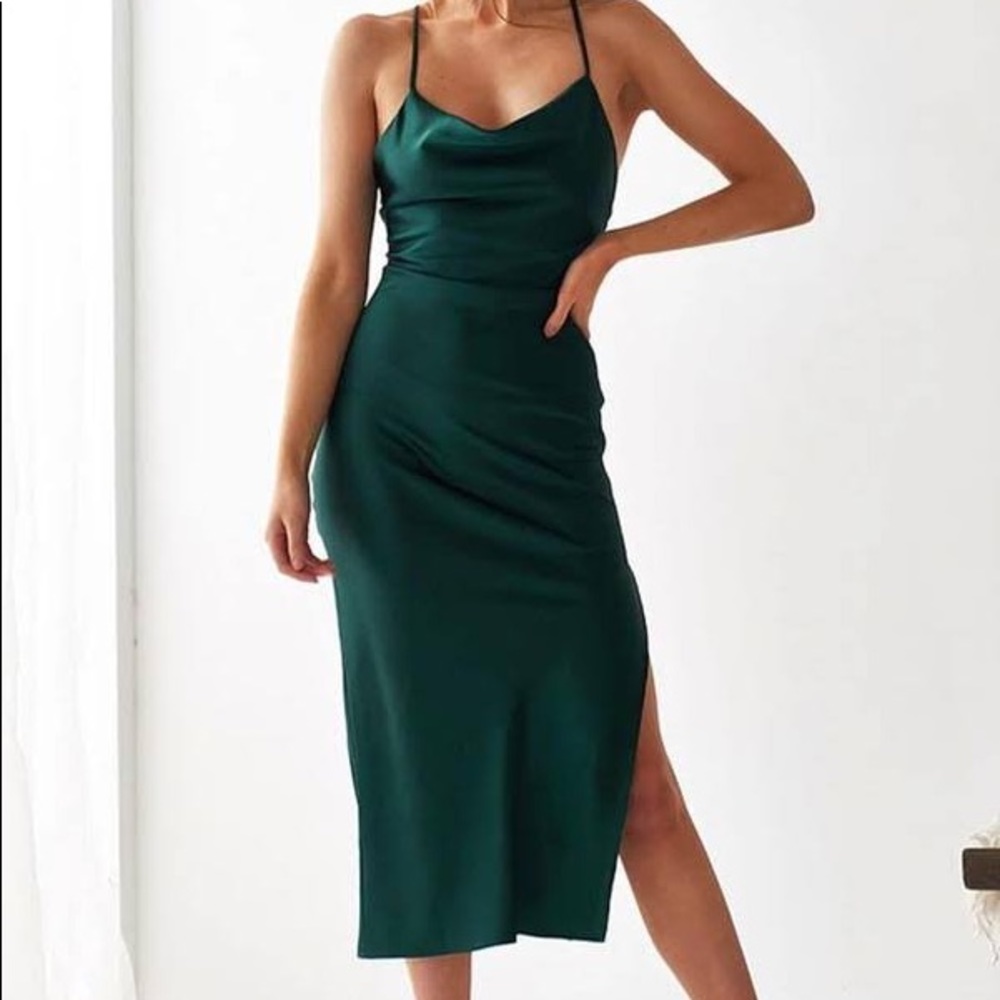 Skylar+ Madison Green Cowl Neck Satin midi dress